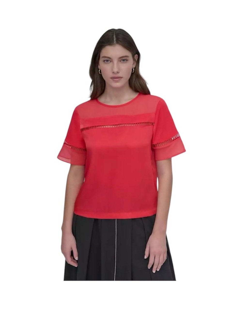 DKNY Crewneck Ladder-Lace-Inset Short-Sleeve Top Coral Crush Pullover Size XL